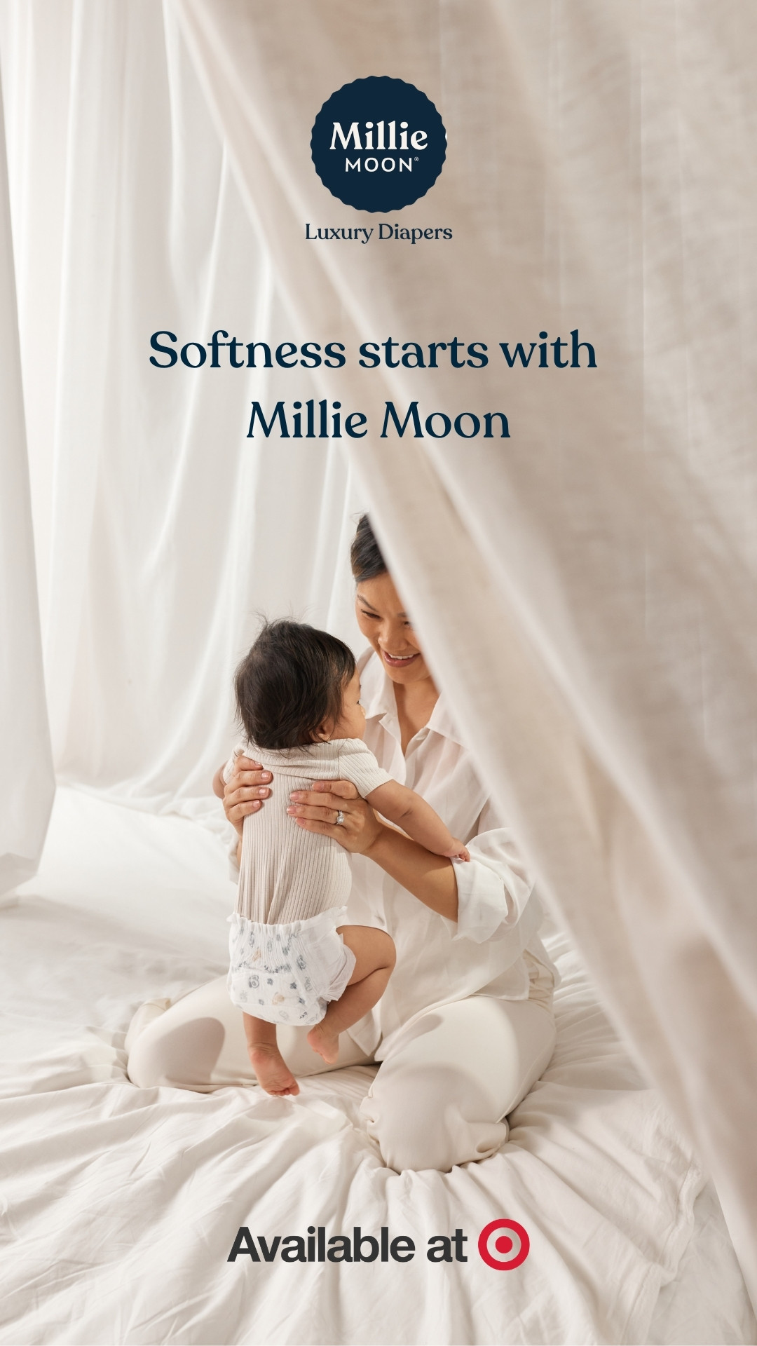 Only Millie Moon Luxury Diapers have CloudTouch™ Softness for ultimate comfort. 

✨ 97% of parents say Millie Moon is softer*
✨ Dermatologist tested safe on sensitive skin
✨ Up to 12 Hour Absorbency**
✨ Enhanced fiber bl