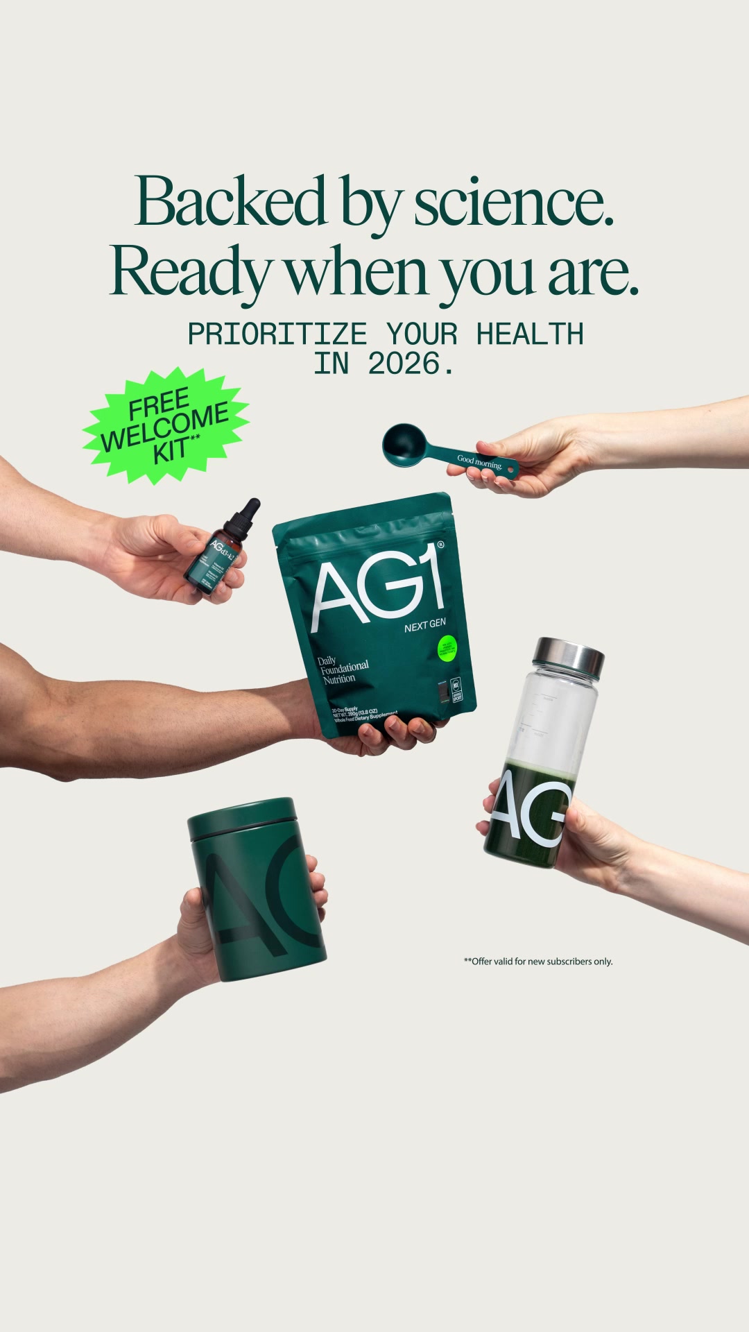 👀 Still thinking it over? 👀 
Your AG1 is waiting for you! Complete your subscription order to receive your FREE AG1 Welcome Kit, designed to help you stay consistent from day one.

Get started today & unlock:
✅3 FREE Fla