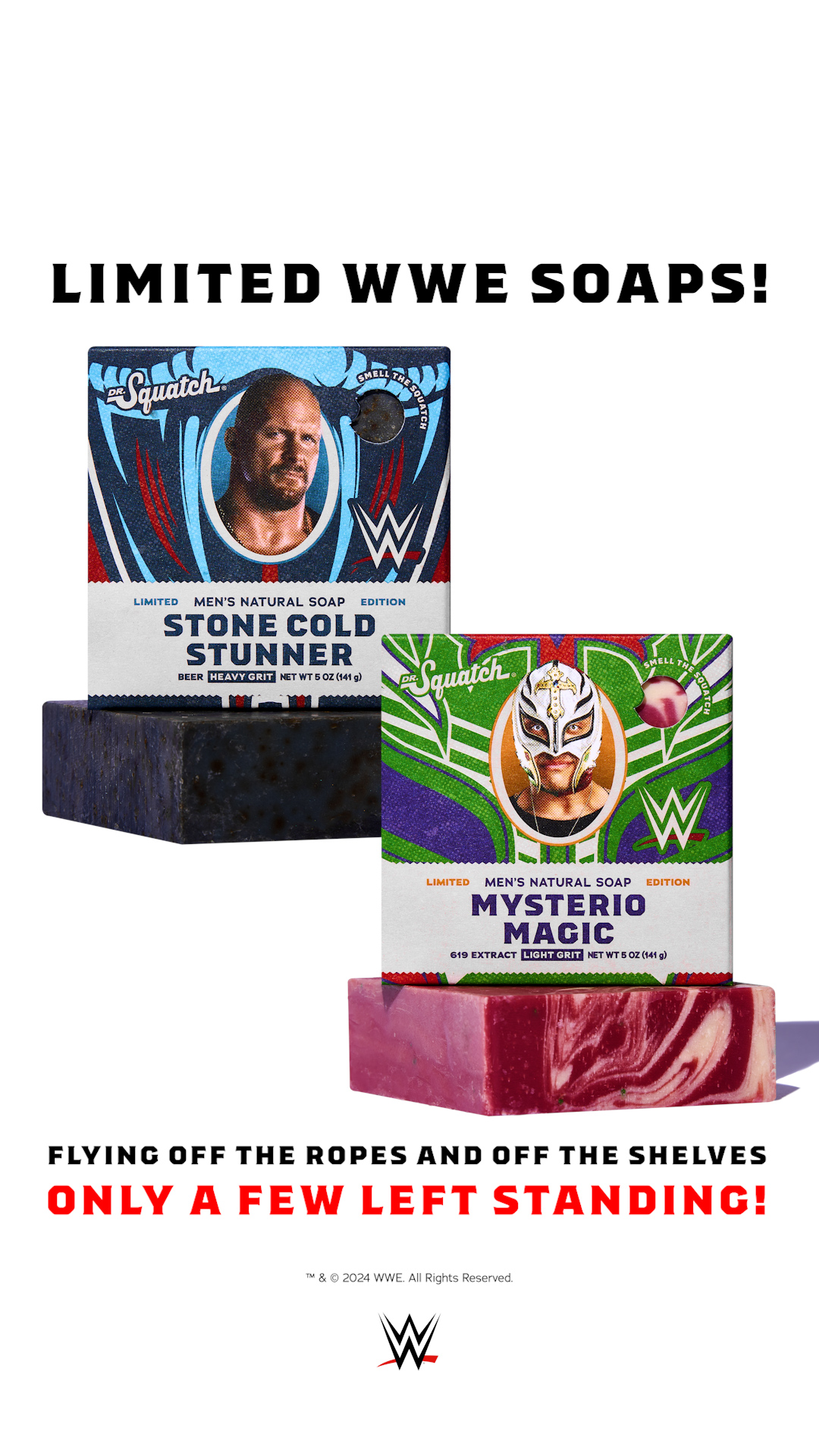 💥 LIMITED EDITION WWE SOAPS 🤼
🗿 NEW! Stone Cold Stunner
💪 NEW! Mysterio Magic

Step into the ring with the ultimate tag team, built to bring the smackdown to your shower routine. Featuring the cold, brutal strength of St