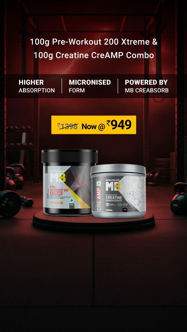 ⚡Double The Power, Double The Gains!🛒Order MuscleBlaze 100g Creatine CreAMP & 100g Pre-Workout 200 Xtreme Combo @ Rs. 949 Today.🏋️