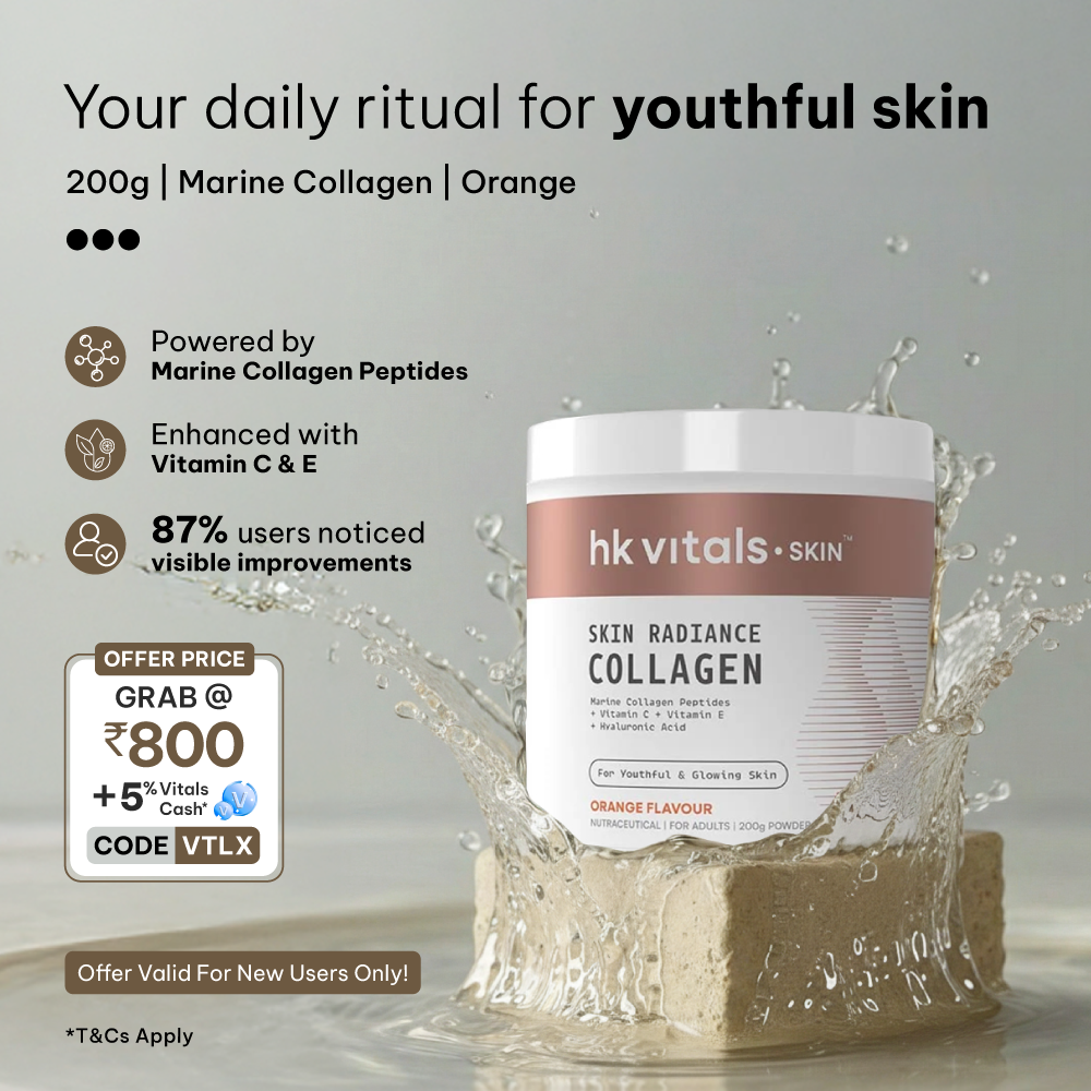 🤔Want Glowing, Youthful Skin? 😀Get HK Vitals Skin Radiance Collagen, Today! 🛒Order 200g Pack In Orange Flavour At Rs. 800 W/Code: VTLX + 5% Vitals Cash. ✨