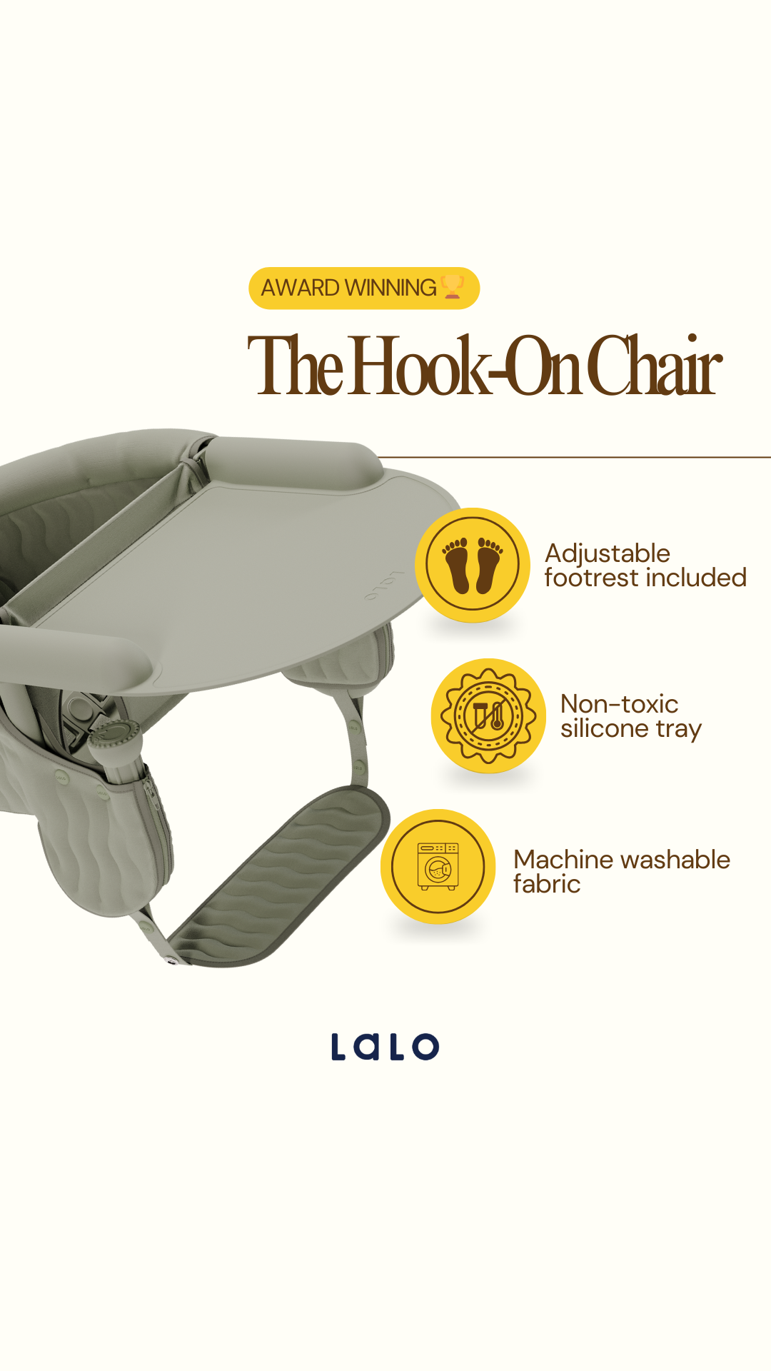 Dining out just got a major upgrade. Secure the only hook-on chair with a comfy adjustable footrest and easy-clean silicone tray.