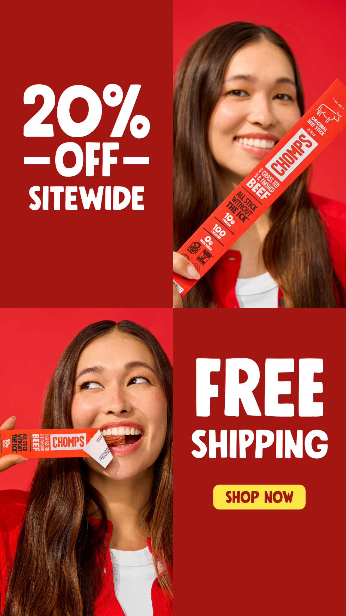Unlock 20% savings + free shipping on flavorful meat sticks with 10+ grams of protein, 0 grams of sugar, and real ingredients! Use code YUMCHOMPS20.