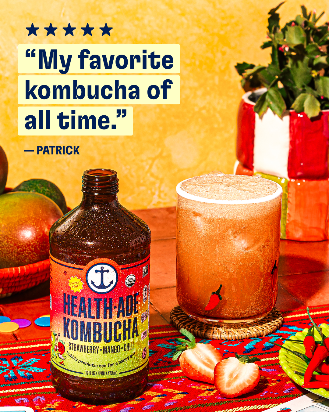 Tired of the same old drinks? Skip the artificial colors and sweeteners and opt for real fruit juice, living probiotics, and the sweet strawberry, juicy mango, and chili kick of Health-Ade® Kombucha.