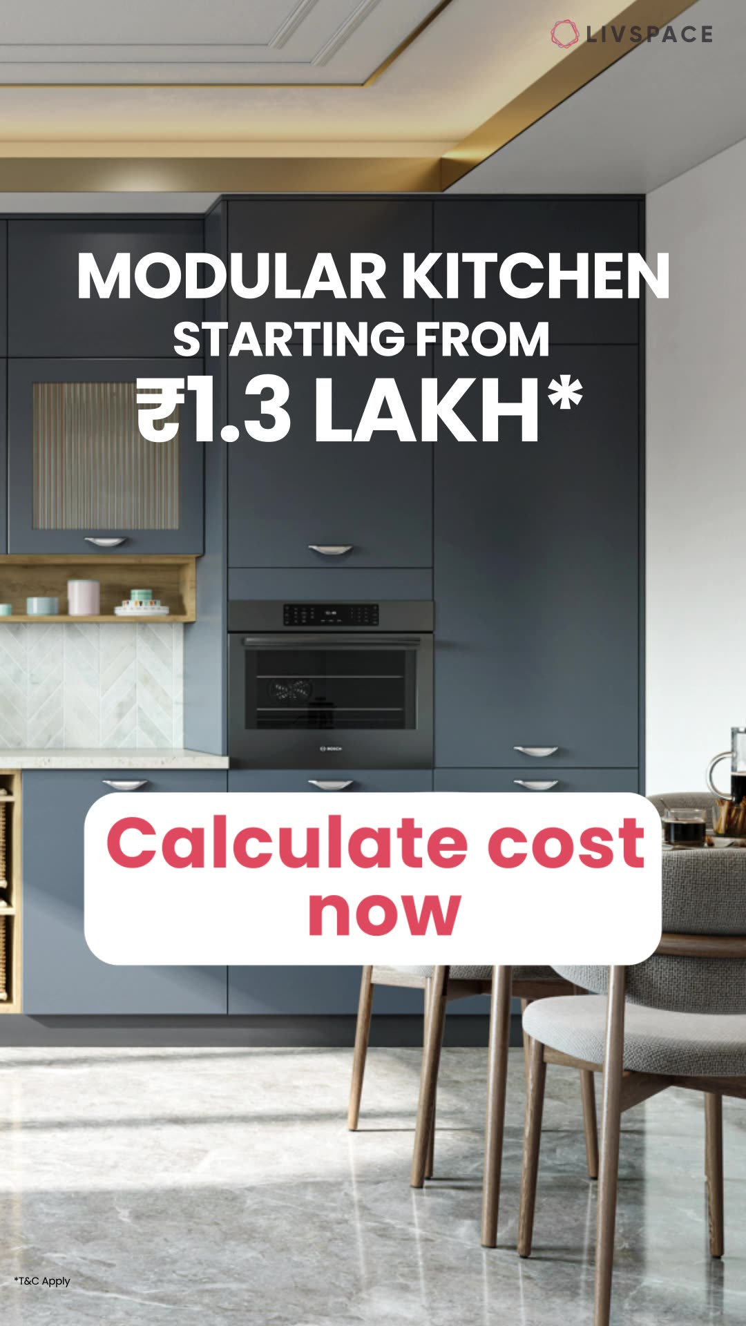 Modular kitchens that perfectly blend beauty with ergonomic designs, starting at ₹1.3Lakh. Book a free design consultation now!
*The pricing is subject to catalogue changes*

🚚 45-day installation*
✅ 146-quality checks
🛡