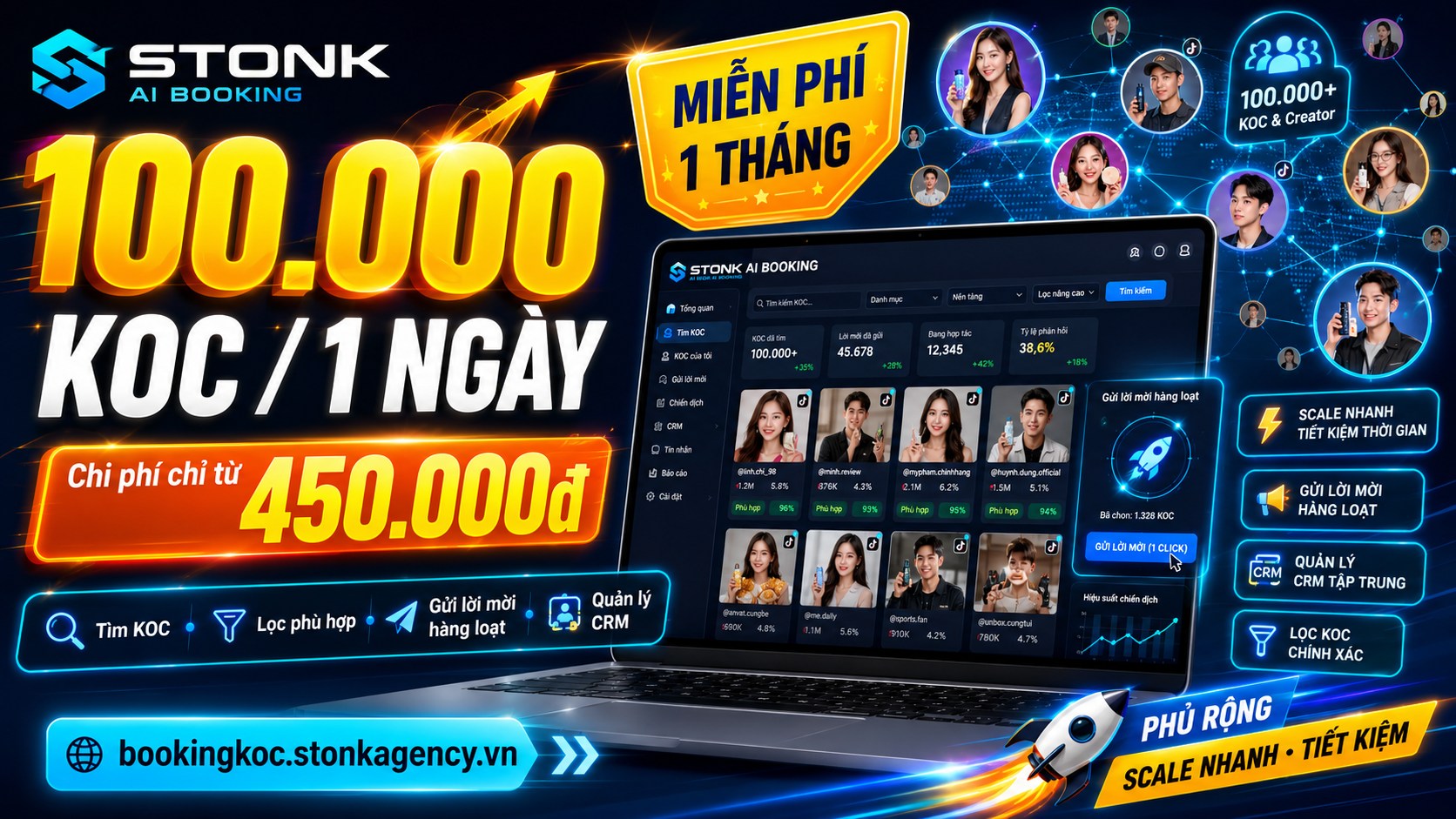 🚀 Tiếp cận 100.000 KOC trong 1 ngày, chi phí chỉ từ 450.000đ?

Với nhiều shop TikTok Shop, booking KOC vẫn đang là một bài toán rất tốn thời gian:

Tự tìm từng KOC.
Tự kiểm tra thông tin.
Tự nhắn tin mời hợp tác.
Tự theo