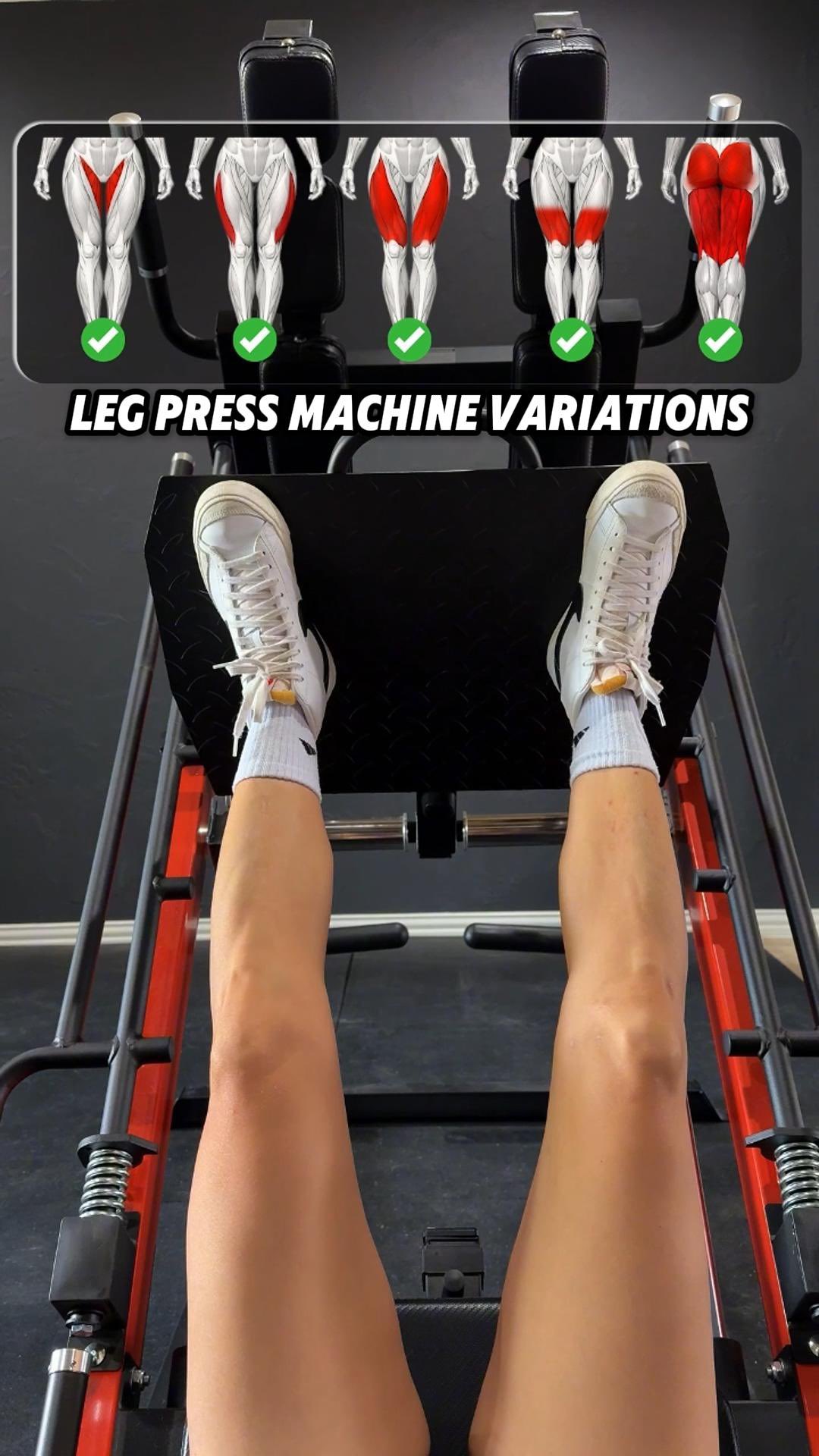 Leg Press - Muscle Activation by Foot Position.
App from @fitbodapp 

A wider stance tends to emphasize the adductors, or inner thighs.
A closer stance can place a little more emphasis on the outer quads.
A shoulder widt