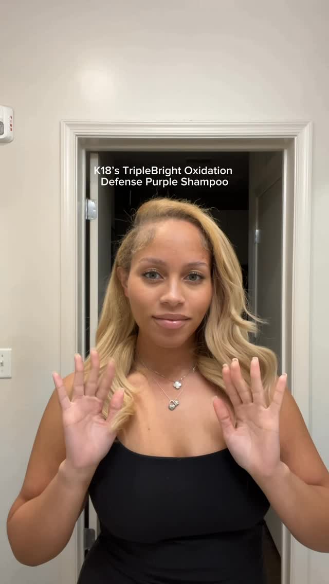 3 months of brassy blonde reversed in just one use with the new @K18hair TripleBright Oxidation Defense Purple Shampoo followed by the leave-in molecular repair mask for my brightest blonde @sephora #k18partner #k18resul