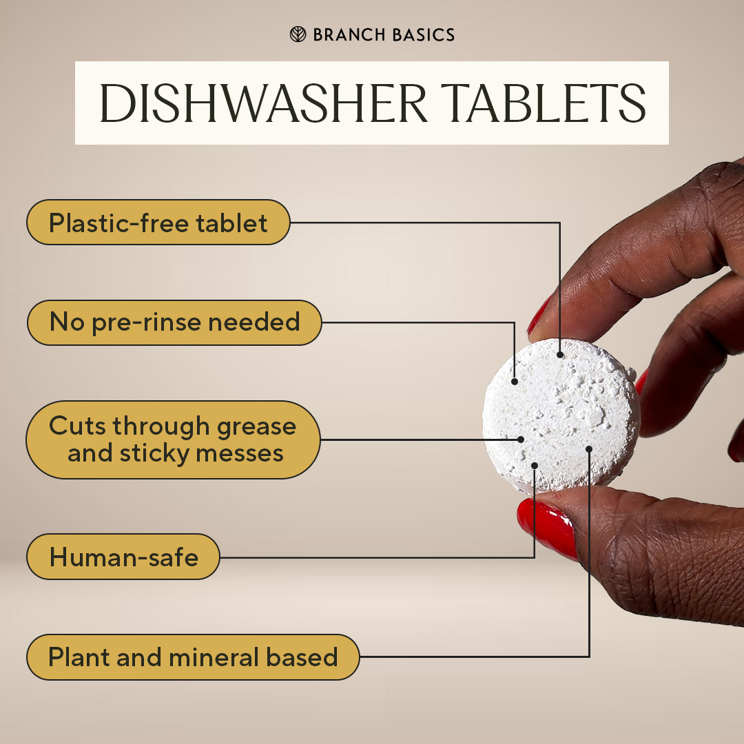 Branch Basics Dishwasher Tablets are free from plastic casing, fragrance, and chemical dyes all while delivering a safe and sparkling shine. ✨