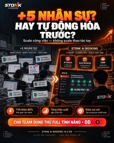 TEAM BOOKING 5 NGƯỜI VẪN KHÔNG SCALE ĐƯỢC?
Có thể vấn đề không phải thiếu người.
Mà là nhân sự đang dành phần lớn thời gian cho những thao tác máy móc:
❌ Tìm từng KOC
❌ Mở từng profile
❌ Copy dữ liệu
❌ Paste Excel
❌ Kiểm