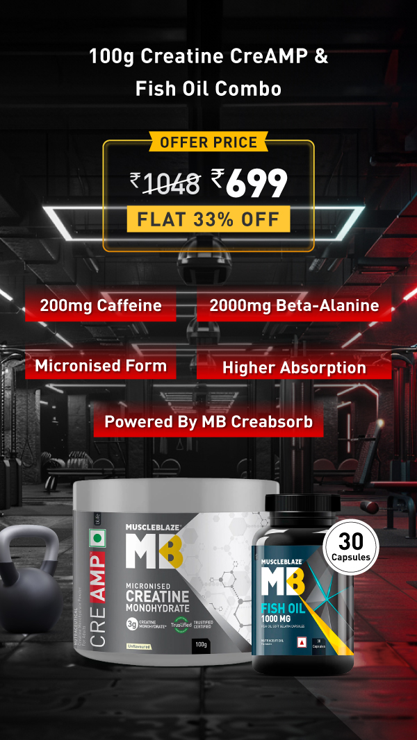 ⚡Unleash Your True Strength With The Ultimate Power Combo! 💪Order MuscleBlaze 100g Creatine CreAMP & Fish Oil Combo At Rs. 699 Today. 🏋️