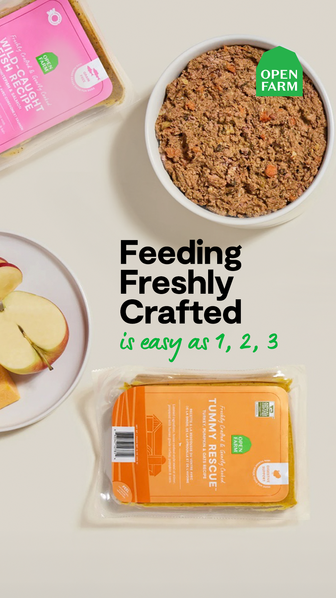Open Farm's fresh food recipes excite even the pickiest dogs at mealtime. No fuss, no hassle – just a fully personalized meal plan delivered to your door.