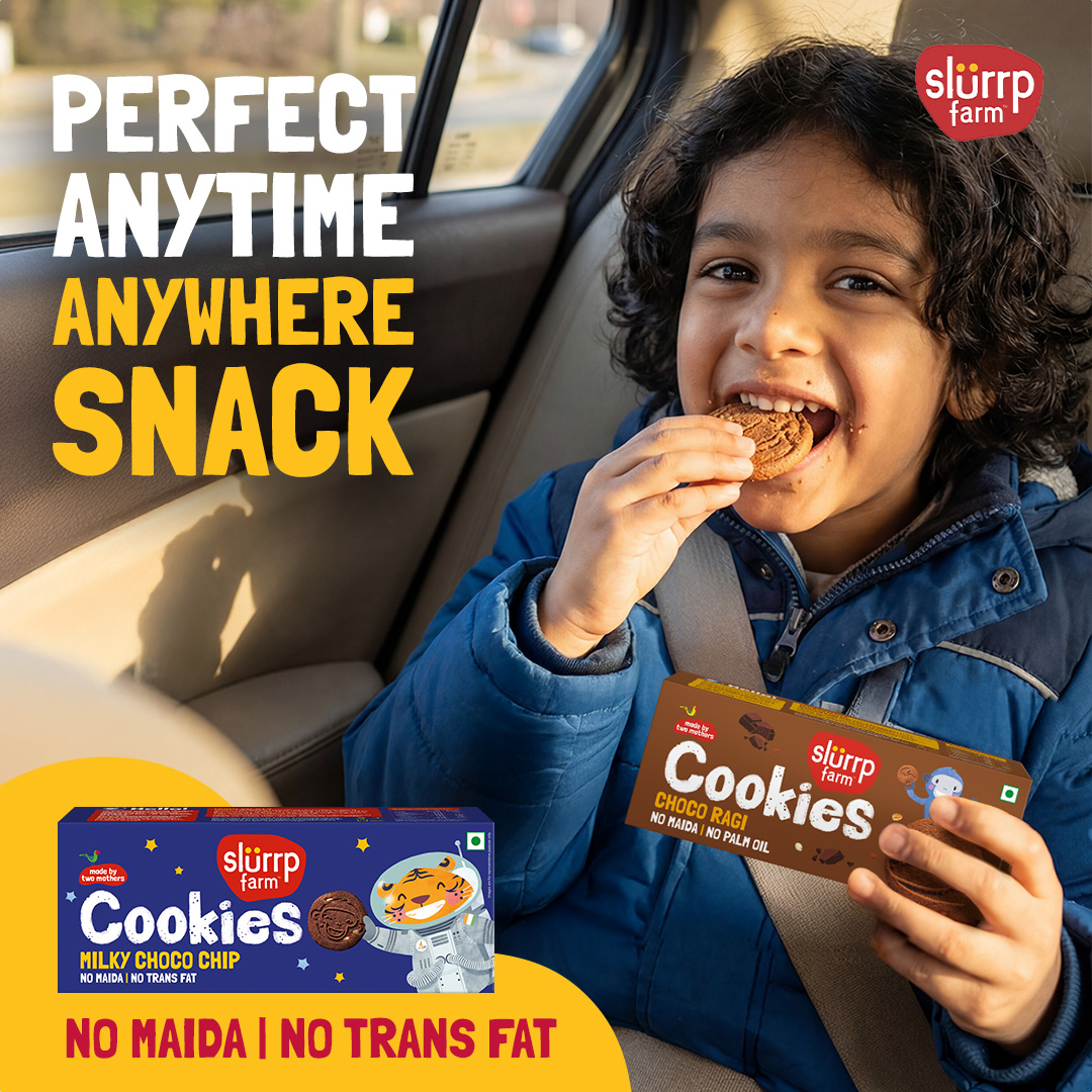 Bus snack, playtime snack, or a 5PM snack, Slurrp Farm’s Good Cookie for Kids will surely be your child’s favourite! Made with No Maida, No Palm Oil, just the goodness of Ragi & Oats. 🍪💛