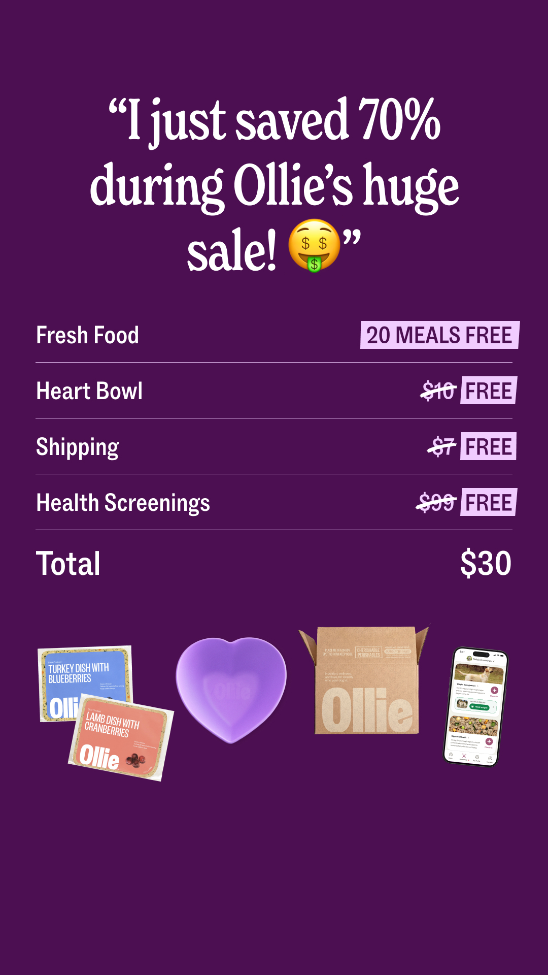 You love them like family. Now you can feed them like it too—with 70% OFF your first Ollie box and a free heart-shaped bowl 🐶❤️

🥩 Made with real, human-grade ingredients
🧑‍⚕️ Formulated with vet nutritionists
🐾 Designed