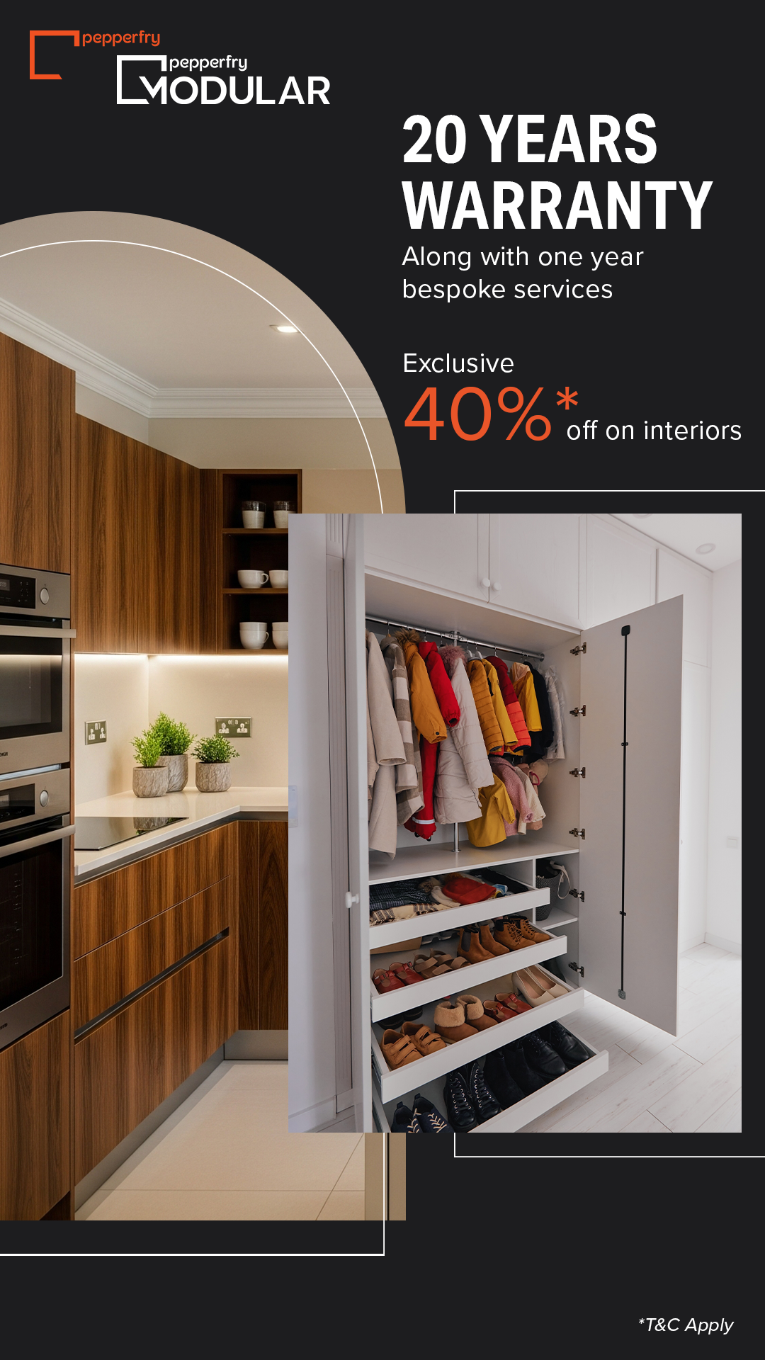 Elevate your home's style quotient with sleek, custom-fit modular interiors that exude sophistication! 😌
✔️ Premium quality guaranteed by a 20-year warranty 
✔️ Enjoy up to 40% off this season & flawless finishes 
✔️ Sma