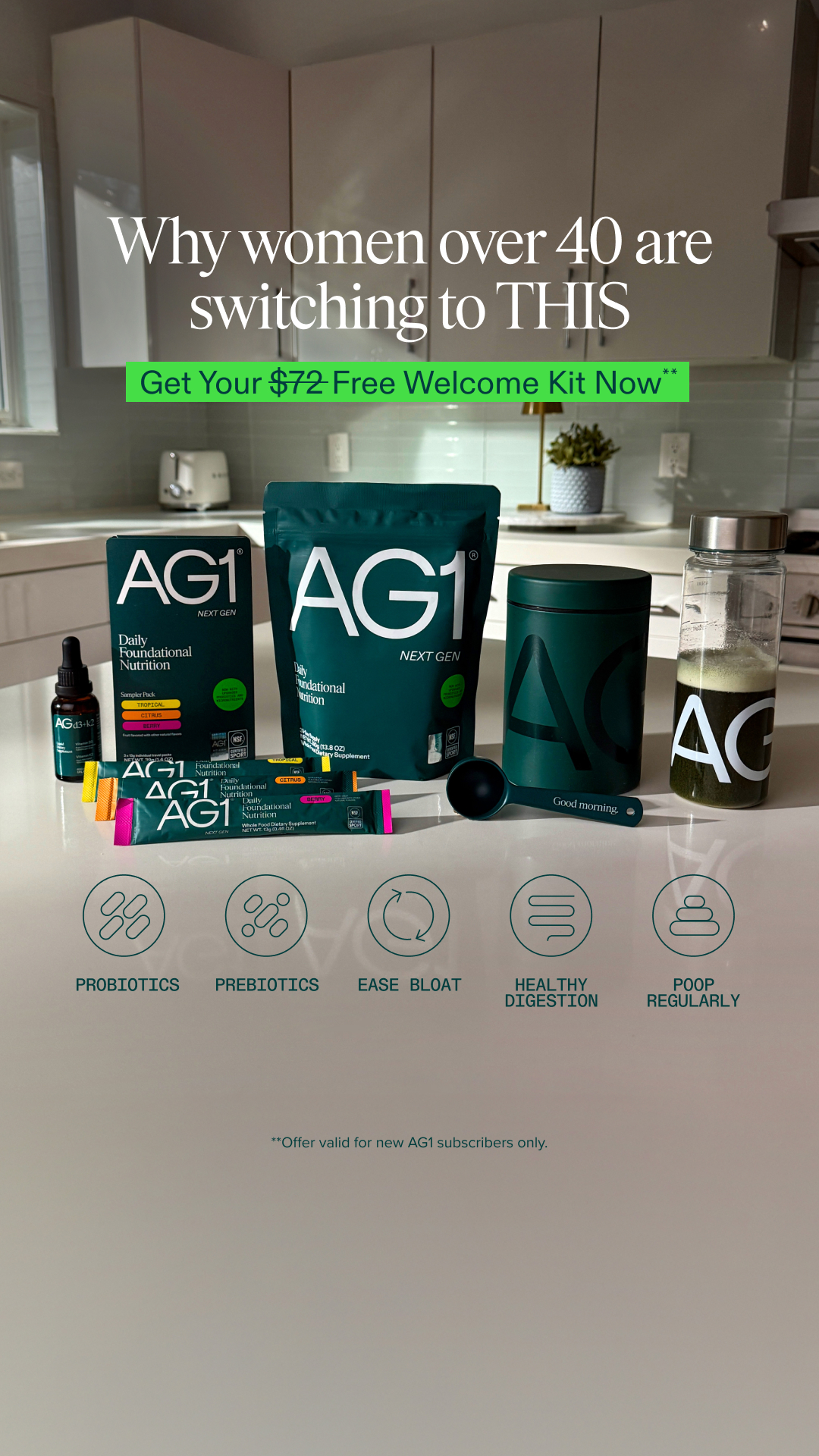 🔥 Your AG1 Welcome Kit is HERE 🔥 

AG1 Next Gen is the Daily Health Drink for foundational nutrition, clinically shown to support gut health and close common nutrient gaps†. 

Get started today & unlock FREE** exclusives