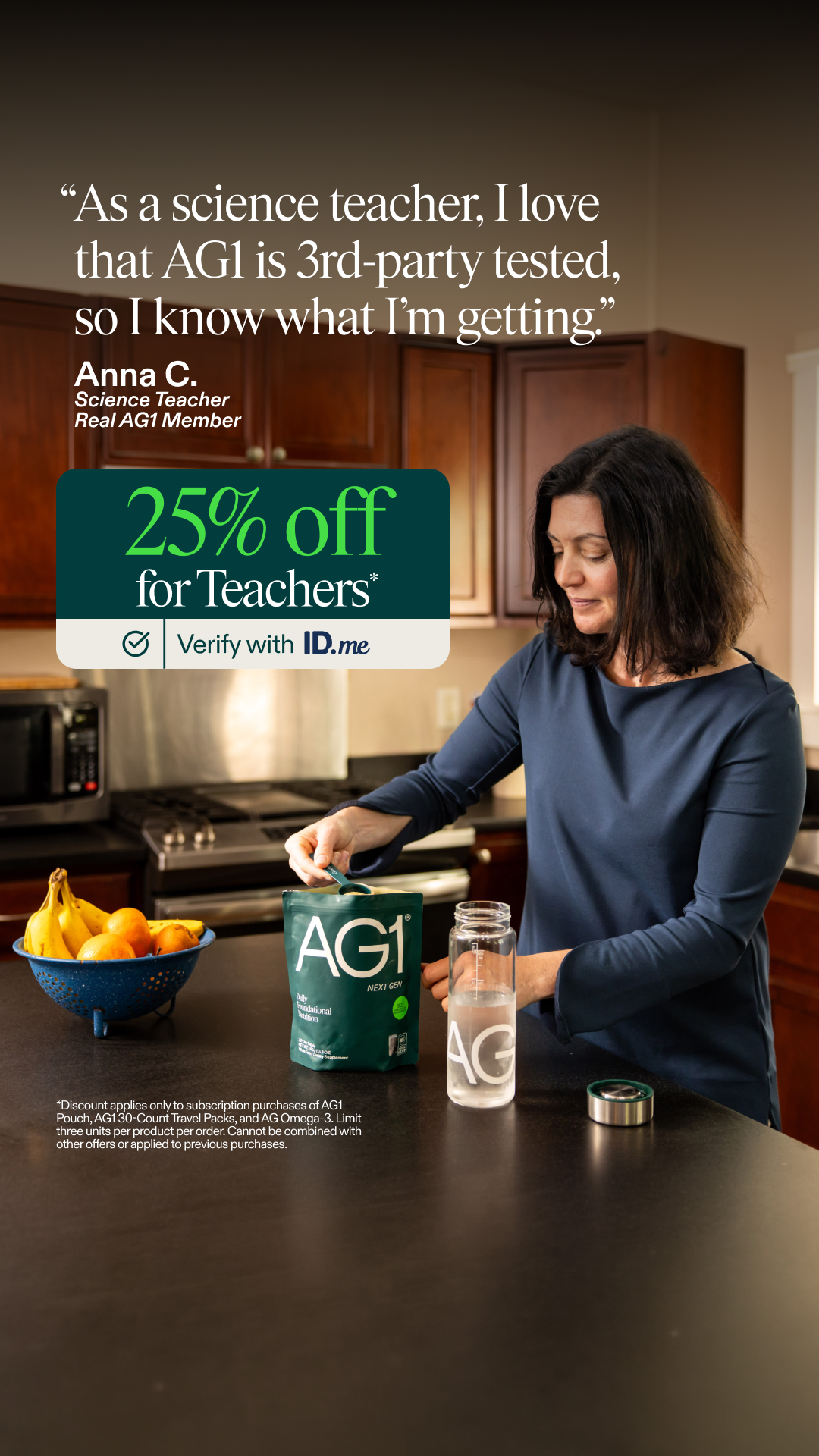 🚨 EXCLUSIVE: 25% OFF AG1 FOR TEACHERS 🚨

To support those shaping the next generation every day, AG1 is proud to offer an exclusive 25% discount for verified teachers through ID.me — the secure, trusted verification plat