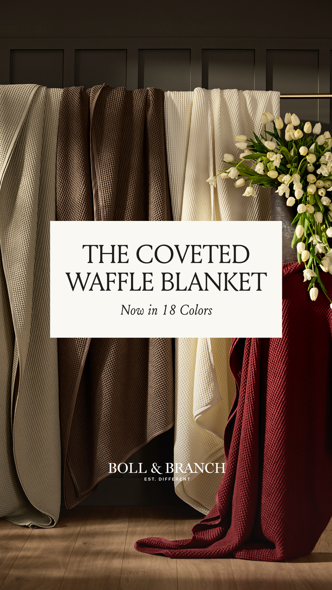 COLOR YOUR COZINESS__Our coveted Waffle Blanket now comes in 18 layer-worthy shades, each one woven for year-round softness and effortless warmth.