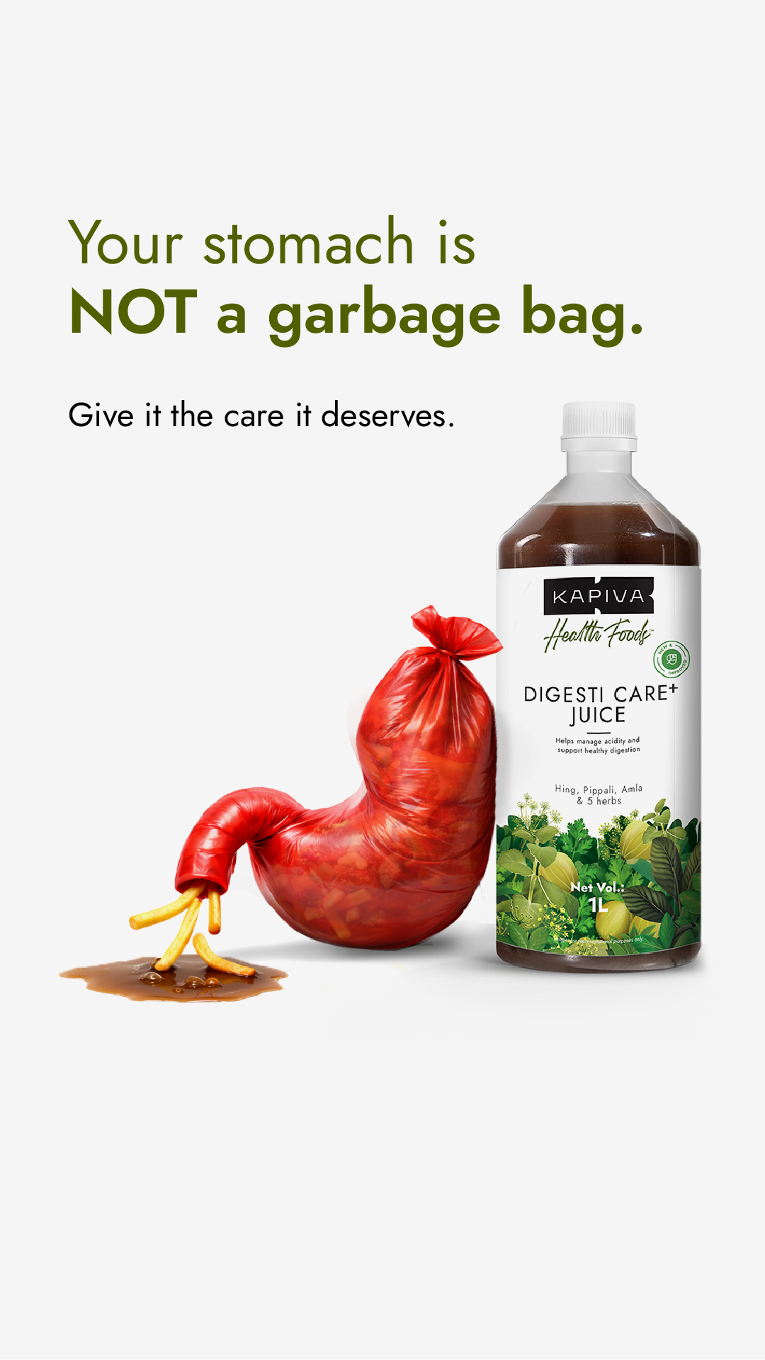 Junk food. Irregular meals. Late nights. Your gut handles everything you throw at it. 🍟😣
Return the favour, with Kapiva Digesti Care+ Juice 💚

Made with a blend of 8 Ayurvedic herbs — Amla 🍈 · Ajwain 🌾 · Hing 🥔 · Jeera 🍃