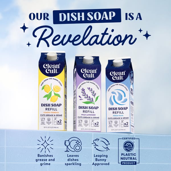 Sparkling dishes. Softer hands. Zero plastic waste. Clean Cult dish soap is made without the harsh stuff