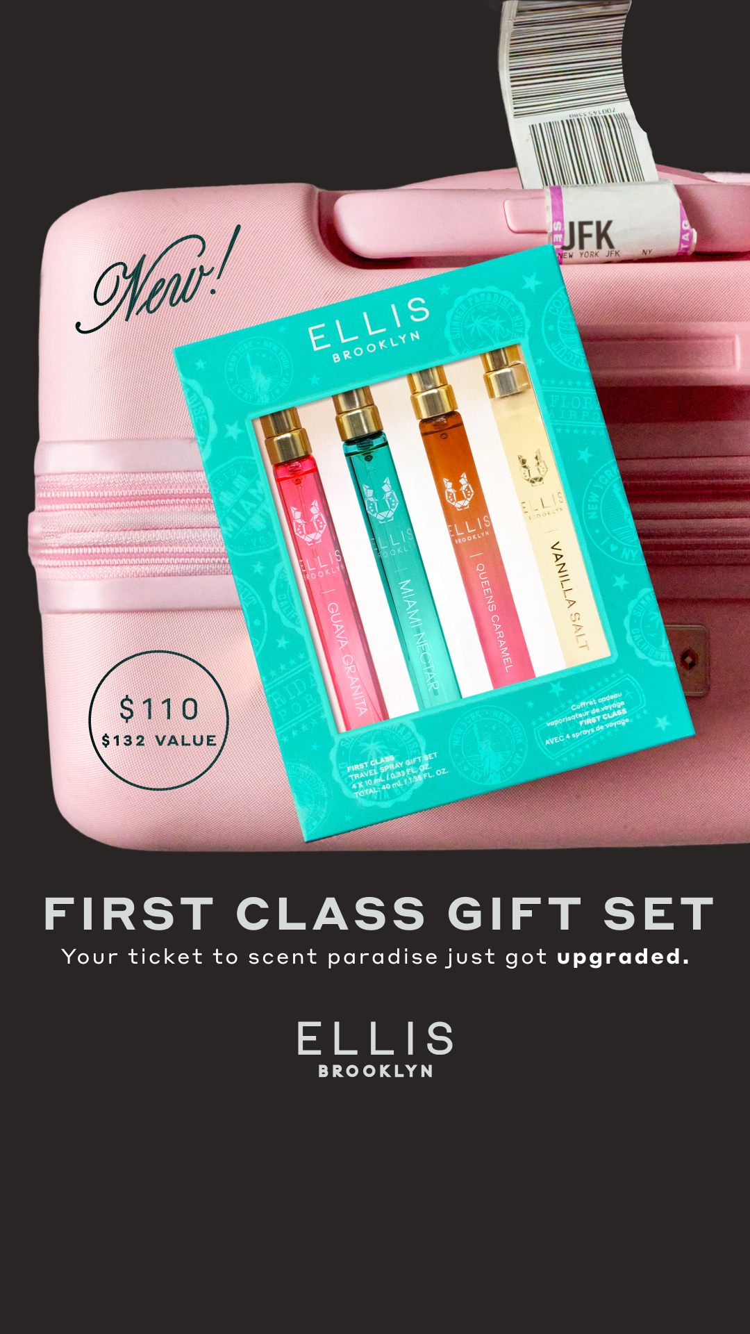 Meet the FIRST CLASS Gift Set: MIAMI NECTAR, GUAVA GRANITA, VANILLA SALT, and QUEENS CARAMEL eau de parfum in one perfectly packed getaway set.