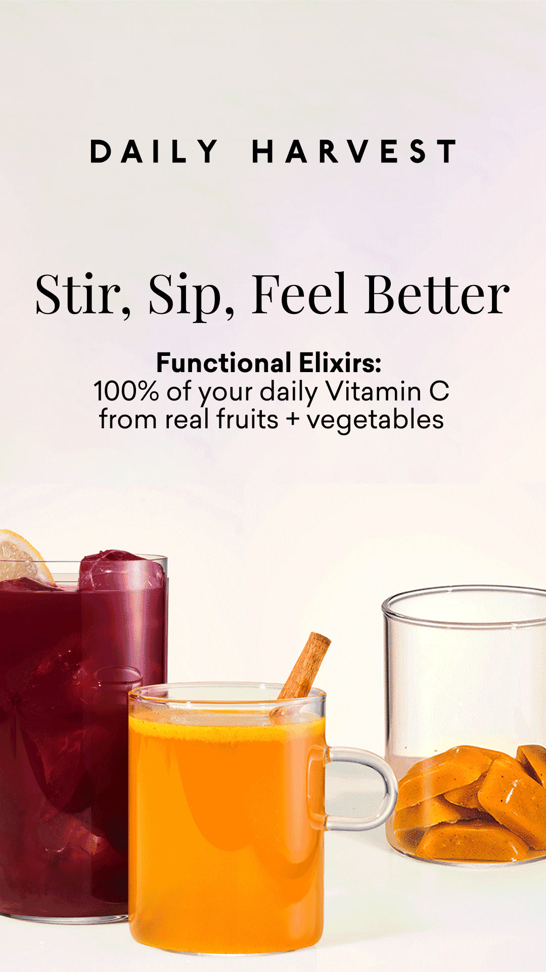 Elixirs - frozen cubes of blended fruits + veggies you can stir or mix into a tea, tonic, or smoothie to get 100% of your Vitamin C for the day.